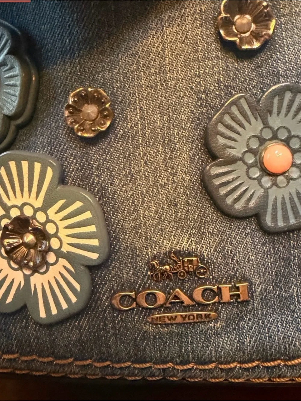 Coach RARE Denim Tea Rose Floral Appliqué Crossbody Bag in Distressed Blue
